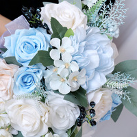 Buket bunga pernikahan buatan tetes air buket bunga sutra untuk pengantin, buket pengantin buatan mawar biru untuk upacara pernikahan