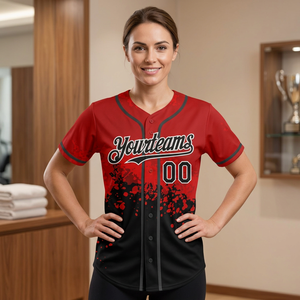 Maillot de baseball pour femmes Yourteams, rouge et noir, sublimé, respirant, manches courtes, boutons sur le devant, coupe classique, vêtements pour adultes - Product Image 1