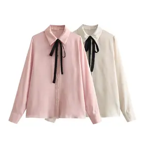 New Arrival Solid Color Silk Top Blouse Long Sleeves Bow Decorated Shirt For Women