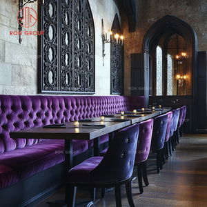 Juego de Muebles de <span class=keywords><strong>Restaurante</strong></span> de Lujo Estilo Gótico Vintage, Asientos de Banquete de Terciopelo Morado Comercial, Silla de Comedor, Mesa de Madera y Metal - Product Image 2
