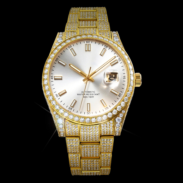 Bust Down VVS Moissanite Iced Out Men Mechanical Wristwatch Date Dial 5ATM Waterproof Stainless Steel Hip Hop Watch