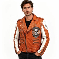 Blouson en cuir de motard bicolore en agneau pour homme, personnalisé, avec patch brodé crâne à clous contrastant, pour club moto, fabricant OEM