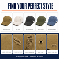 Casquette de baseball personnalisée avec logo, détails déchirés, 6 panneaux, non structurée, visière incurvée, couleur kaki, vente en gros, usine OEM ODM