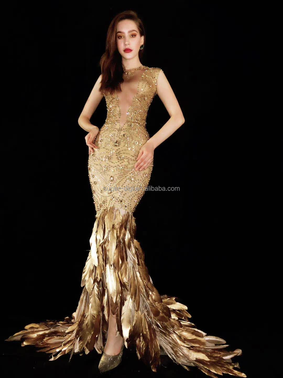 feather dress gold Gold Rhinestones Glitter Yellow Feather Long Train Trumpet Prom Dress main image 1