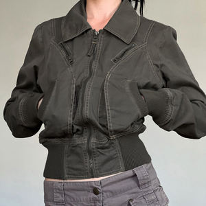 Veste utilitaire vintage américaine pour femmes, fermeture éclair, multi-poches, patchwork, col rabattu, taille cintrée, coupe courte - Product Image 1