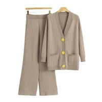 Ensemble deux pièces décontracté pour femme, automne, col en V uni, tricoté, long, teint en fil, cardigan à boutons métalliques + pantalon large