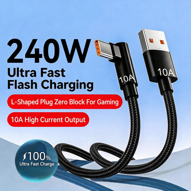 Right Angle Type C Cable 10A Fast Charging USB a to USB C Data Cable 90 Degree Nylon Braided Gaming Charger Cord