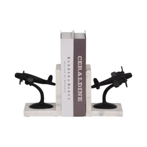 Fermalibri a forma di aeroplano in metallo su base in marmo, decorazione moderna per la casa, la libreria o il tavolo d'ingresso, divertenti fermalibri. - Product Image 2