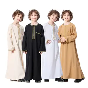 Hot Selling Embroidery Arabic Thawb Caftan Pocket Long Sleeve Islamic Thobe For Kids Boys Children abaya