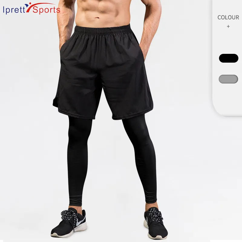 Customized Men Polyester Fitness Compression Pants Wholesale Mens Sports Running Leggings with Gym Shorts 2 in 1