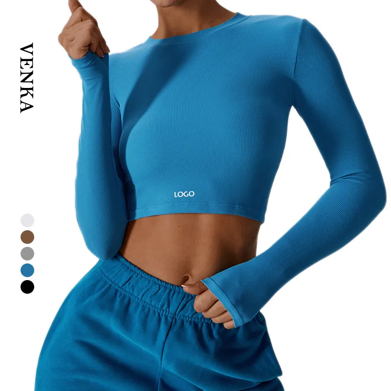 OEM Sportswear Custom Logo Women's Fitness Clothing Lightweight Round Neck Top Crop Top Sports Workout Yoga Long Sleeve T Shirts