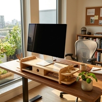 Support d'écran en bambou naturel avec tiroir et organisateur, étagère de bureau ergonomique pour le bureau à domicile