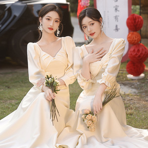Bridesmaid Dress Long Sleeve Champagne Satin A-Line Sweetheart Neckline Natural Waist 2025 Spring Summer Wedding Party Wear - Product Image 4