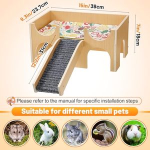 Cachette en <span class=keywords><strong>bois</strong></span> robuste pour cobayes, <span class=keywords><strong>maison</strong></span> pour petits animaux avec escalier, à assembler pour hamsters, lapins, chinchillas, jeu et cachette - Product Image 4