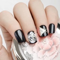 Fengshangmei Faux ongles en ABS à fleurs de rose en pleine floraison, couverture complète, colle pour les doigts, faux ongles artificiels, design pré-conçu