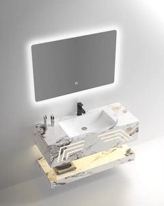 세라믹 분지와 Led 거울 슬레이트 록 스톤 더블 데크 욕실 캐비닛 - Product Image 5