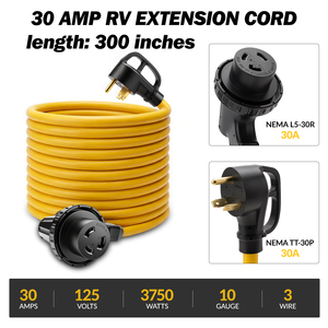 Câble d'extension RV de 300 pouces, <span class=keywords><strong>30</strong></span> <span class=keywords><strong>ampères</strong></span>, NEMA TT-30P vers L5-30R, 10 AWG, 3 fils, 125 V, 3750 W, câble d'alimentation RV robuste <span class=keywords><strong>pour</strong></span> caravane - Product Image 2