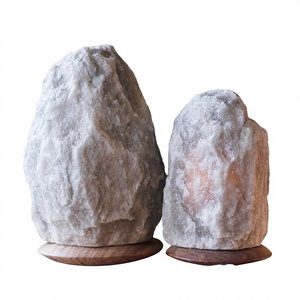 Himalayan Grey Rock Salt Lamp with <b>Dimmer</b> Switch Natural Carved Wooden Base Wholesale Natural Crafts Gray Salt Table Lamp - Product Image 1