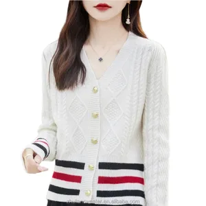 Custom 100% Wool Sweater Cardigan Striped Autumn Streetwear Casual Long Sleeve Tops Knitted Fashion Women's Cardigan