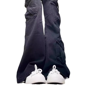 Black Flared Cargo Jeans Women High Waisted Slimming Floor Length Horseshoe Trousers Water Wash Polyester Fabric Autumn Style - Product Image 5