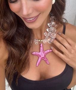 新款时尚透明大珠项链紫红色海星吊坠新色海洋动物吊坠女式节日派对礼物首饰 - Product Image 2
