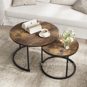 Wooden Nesting Coffee <b>Table</b> 2 Piece Set Round Black And <b>White</b> Natural Wood Color For Living Room Bedroom Balcony <b>Small</b> Apartment - Product Image 2