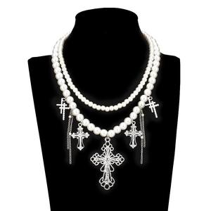 Double Layered Faux Pearl <b>Cross</b> Necklace With Tassel Pendant White K Fashionable Clavicle <b>Chain</b> For Women - Product Image 2