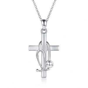 NEW Cross <b>Titanium</b> Steel Pendant Necklace Creative Stethoscope Shape Crystal Rhinestone Cross Necklace for Doctor Nurse Gifts - Product Image 5