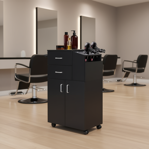 Chariot de Salon Noir à Roulettes avec 5 Supports pour Sèche-Cheveux, 2 Tiroirs et 1 Grand Meuble de Rangement (Noir) - Product Image 2
