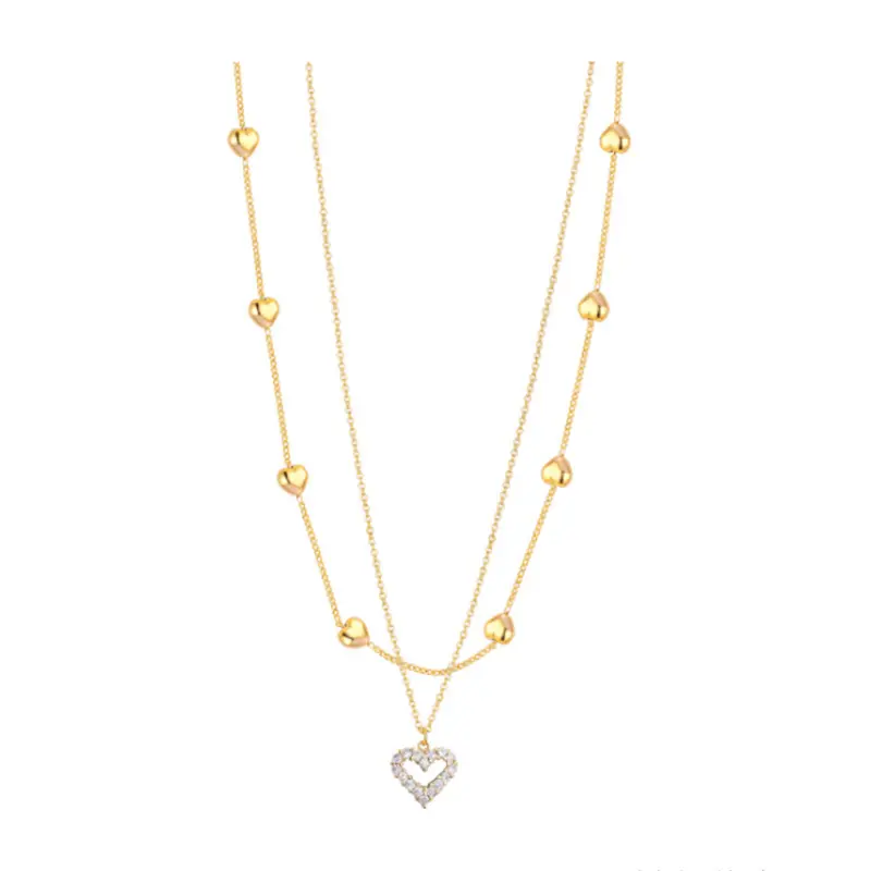 Double Heart Set Chain Gold Flash Diamond Zircon Clavicle Chain Temperament Necklace