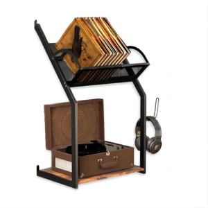 2 Tier Vintage Wood Metal Album Record Stand and LP Display Shelf with 3 Dividers Vinyl Record Storage Rack