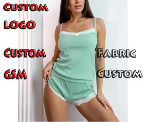 Dames Zomerse Gymshorts En Blauw Hemdje Kant Ondergoed 100% Katoen 2-delige Slaapset Met Knoopverband Mesh-Decoratie - Product Image 3