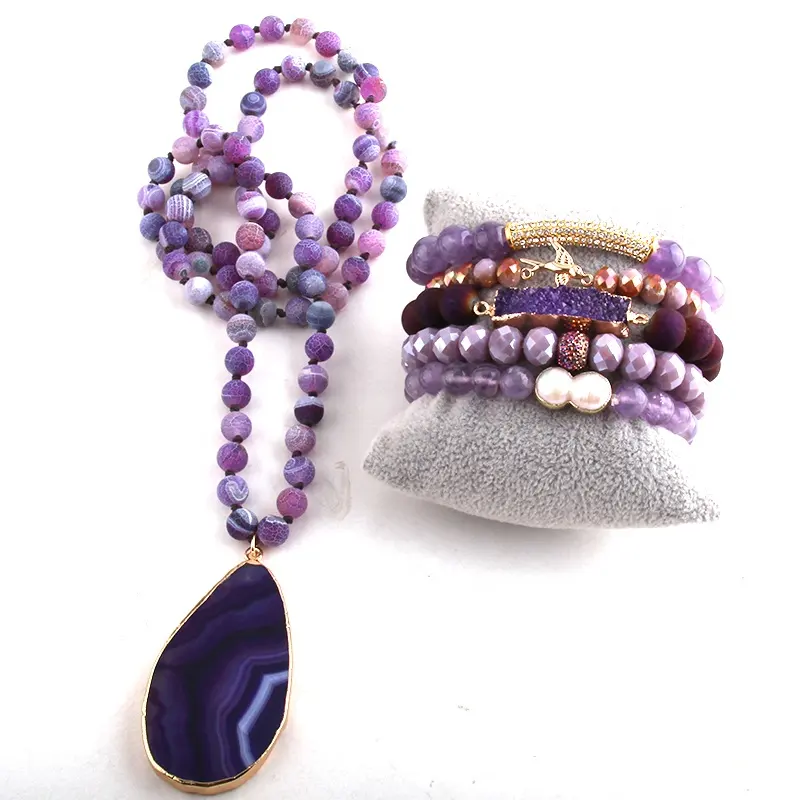 Conjunto de joyería de 8mm para mujer, colgante de gota de piedra púrpura desgastada, collar de perla drusa, conjuntos de pulsera apilada