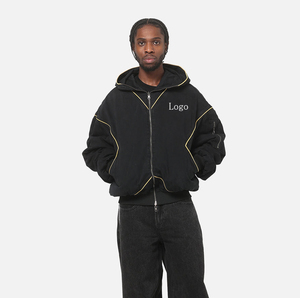 Giacca Bomber <span class=keywords><strong>Oversize</strong></span> da Uomo Nera Vintage Lavata con Logo, Dettagli Geometrici a Contrasto e Cappuccio, con Tasche Multiple e Zip - Product Image 4