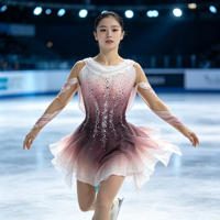 Robe de performance en mousseline irrégulière à manches longues, dégradé rose-brun, ornée de strass, pour patinage artistique