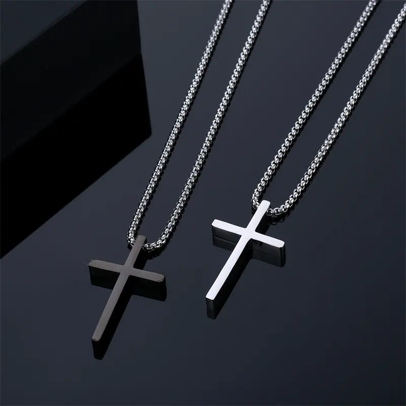Fashion Hot selling Silver Black Stainless Steel Prayer Cross Pendant Chain Necklace Jewelry for Men Women Box Chain