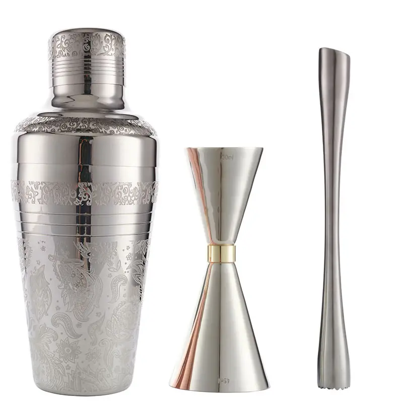 RTS Stainless Steel Silver Bar Set with Gift Box Metal Home Bar Cocktail Shaker