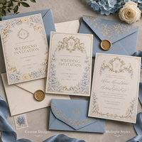 Invitation de mariage personnalisée élégante bleue à motifs floraux, impression de bordure botanique or et bleu ornée avec texte personnalisé
