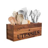 Porte-ustensiles en bois d'acacia pour comptoir de cuisine, porte-ustensiles extra large avec 4 compartiments
