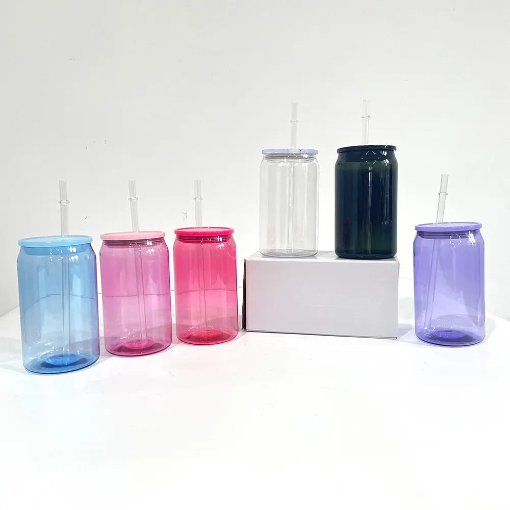 Vaso de plástico transparente de gelatina de colores, taza de plástico con forma de lata de cerveza de gelatina de 16oz con tapa y pajita para transferencia de vinilo UV DTF