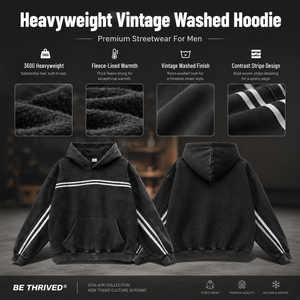 Sudadera con capucha para hombre al por mayor, de 360G, de peso pesado, estilo vintage lavado, forro polar, oversize, streetwear, con rayas en contraste, tipo jersey. - Product Image 4