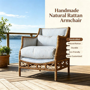Fauteuil lounge d'intérieur <span class=keywords><strong>en</strong></span> <span class=keywords><strong>rotin</strong></span> <span class=keywords><strong>naturel</strong></span> fait main, rayures bleues, ergonomique, <span class=keywords><strong>en</strong></span> cannage tressé, pour hôtel, maison ou appartement - Product Image 4