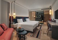 Meubles de chambre d'hôtel en gros, prix d'usine OEM, panneau en MDF et contreplaqué personnalisé, cadre en bois, lit double rembourré et ensemble de draps