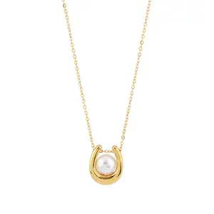 Gold Plated Stainless Steel Jewelry Handmade Imitation Faux Space Out Round Pearl Bead Chain Necklace For Women