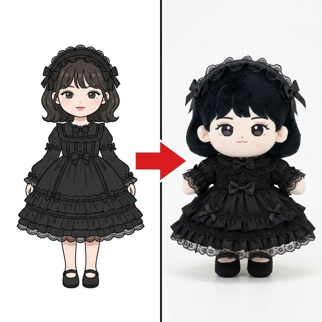 Goth Style Mini Girl Plush Mascot Multi Tier Lace Hem Mary Jane Shoes Custom Plush Built on Unique Dark Lolita Concept