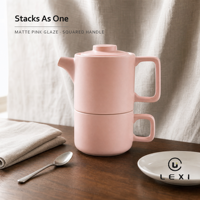 Service à thé rose bébé pour une personne, ensemble empilable, théière mate avec tasse et couvercle, en grès et porcelaine, tasse à expresso empilable, cadeau