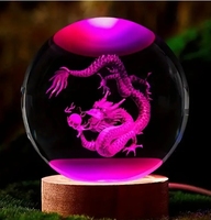Lampe boule de cristal gravée au laser Dragon 3D Veilleuse boule de verre multicolore
