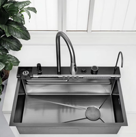Robinet cascade numérique intelligent à LED, évier de cuisine moderne multifonctionnel à grand bac unique en acier inoxydable NANO 304