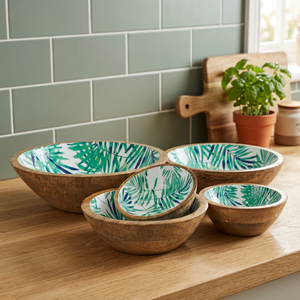 Ensemble de bols en bois émaillé faits à la main, design feuille tropicale, ensemble de bols à salade, ensemble de bols à fruits en bois - Product Image 2