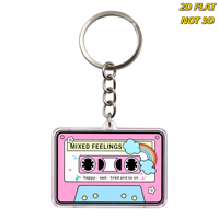 Porte-clés en acrylique Cassette Mixtape 'Mixed Feelings' rose et bleu rétro avec breloque double face Arc-en-ciel, Nuages et Fleurs